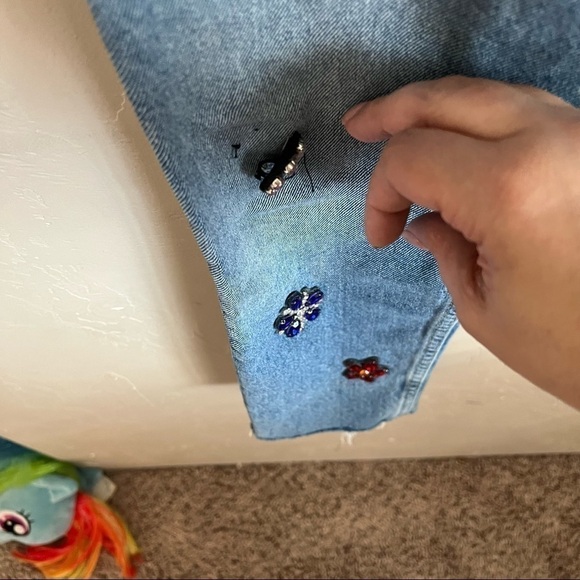 Zara High Rise Button Fly Straight Distressed Gem Bedazzled Raw Hem Denim Jeans - Picture 5 of 14